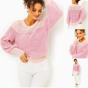 Lilly Pulitzer Finney Sweater Sparkle Stripe Novelty Buttons Peon Pink